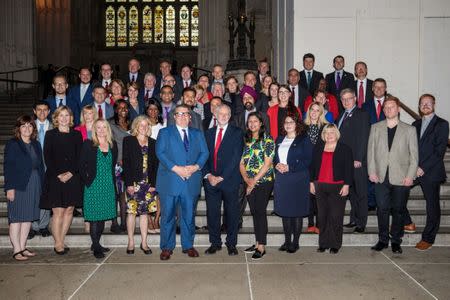 Britain's opposition Labour Party leader Jeremy Corbyn and Deputy Leader Tom Watson pose with the newly elected Labour MPs in Westminster Hall in the Houses of Parliament in London, Britain, June 28, 2017. REUTERS/Jack Taylor/Pool