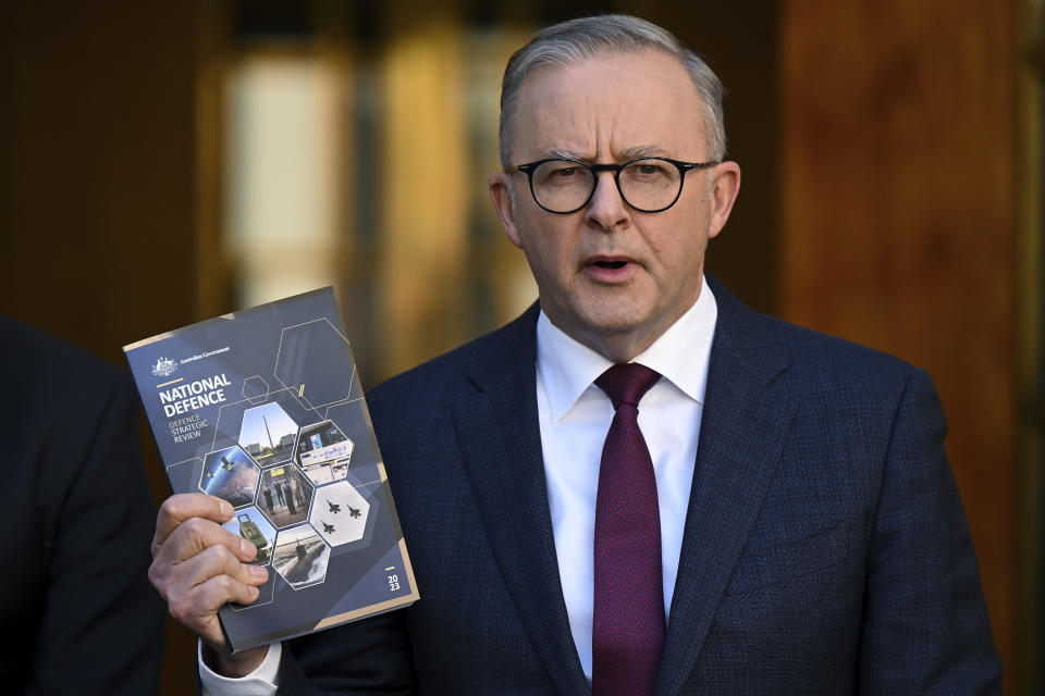 Australian Prime Minister Anthony Albanese speaks to the media duing a press conference after the release of the Defence Strategic Review at Parliament House in Canberra, Monday, April 24, 2023. The Australian government released a review of the nation's defense strategy that recommends a major overhaul of the armed forces including a focus on developing an ability to strike targets at a longer range as China's military build-up challenges the region's security. (Lukas Coch/AAP Image via AP)