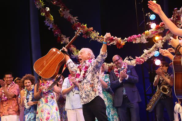 NEW YORK, NY - MARCH 15:  Jimmy Buffett and the cast during the curtain call at the Opening Night of The Jimmy Buffett Musical 