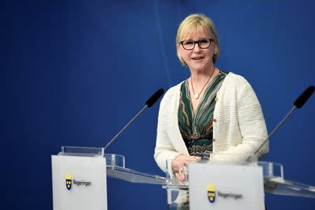 Swedish Foreign Minister Margot Wallstrom smiles during a press conference about the release of Swede Johan Gustafsson, who was kidnapped in Mali by al-Qaeda in the Islamic Maghreb (AQIM) in 2011, at the government headquarters in Stockholm, Sweden June 26, 2017. TT News Agency/Marcus Ericsson via REUTERS