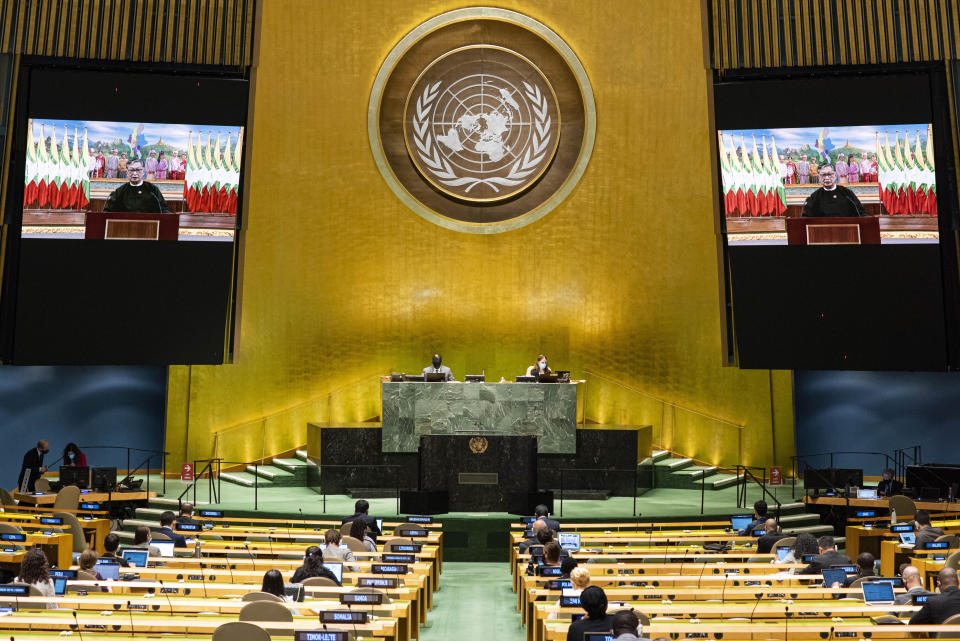 In this photo provided by the United Nations, U Kyaw Tint Swe, Chairman of the Delegation of Myanmar, speaks in a pre-recorded message which was played during the 75th session of the United Nations General Assembly, Tuesday, Sept. 29, 2020, at UN headquarters in New York. (Rick Bajornas/UN Photo via AP)