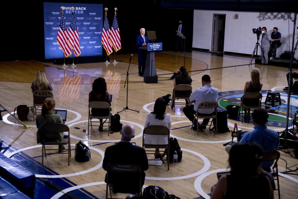 Former Vice President Joe Biden, the presumptive Democratic nominee to challenge President Donald Trump, speaks July 28, 2020, at a campaign event at the William "Hicks" Anderson Community Center in Wilmington, Del.