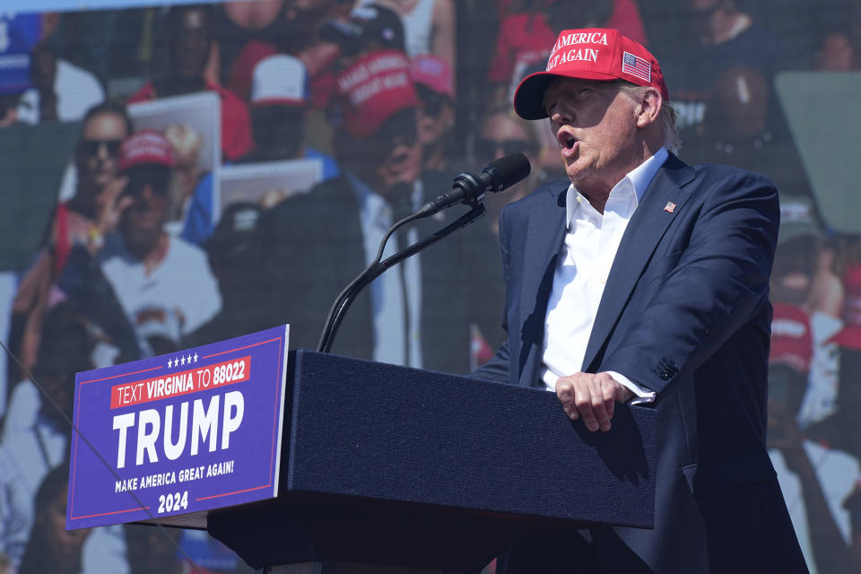 Republican presidential candidate former President Donald Trump speaks at a campaign rally in Chesapeake, Va., Friday June 28, 2024. (AP Photo/Steve Helber)