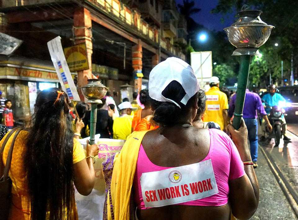 2019/04/30: Sex workers during a rally at Sonagachi. (Photo by Avishek Das/SOPA Images/LightRocket via Getty Images)