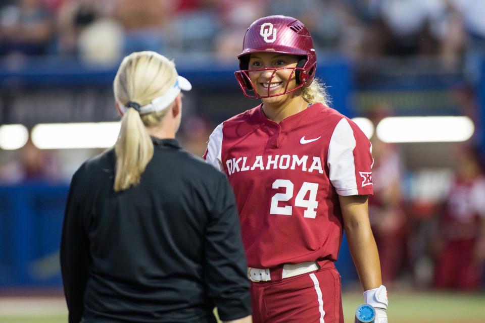 June 8, 2023; Oklahoma City; Oklahoma Sooners outfielder Jayda Coleman (24) talks to head coach Patty Gasso before her at bat in the seventh inning against the Florida State Seminoles during game two of the Women’s College World Series finals at OGE Energy Field at the USA Softball Hall of Fame Complex. Oklahoma won the game 3-1 and the national championship. Brett Rojo-USA TODAY Sports