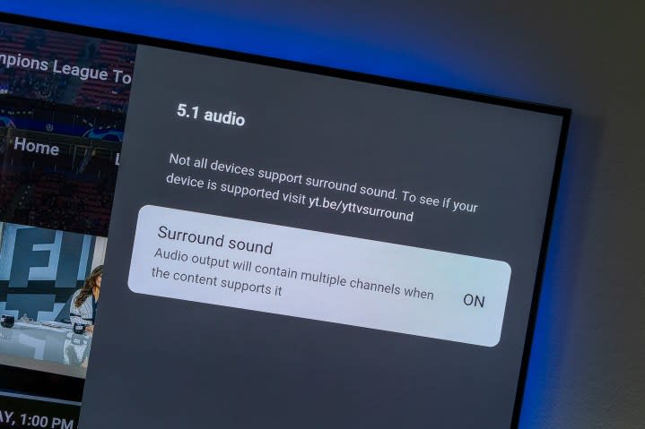 Audio settings on YouTube TV on a television.