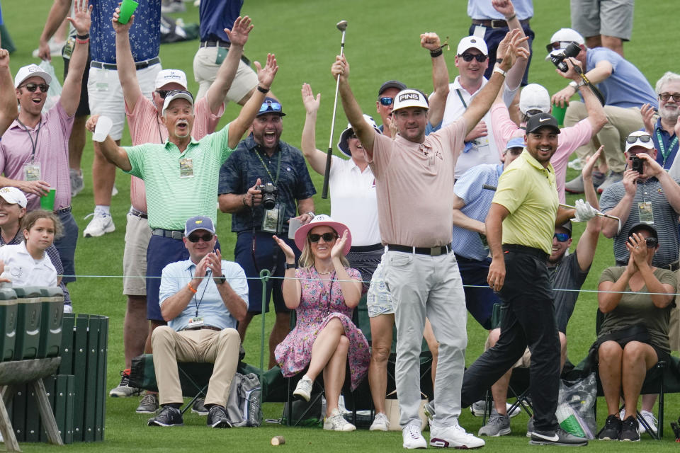 Bubba Watson celebrates after a hole-in-one on the fourth hole during the par 3 contest the Masters golf tournament at Augusta National Golf Club on Wednesday, April 5, 2023, in Augusta, Ga. (AP Photo/Mark Baker)