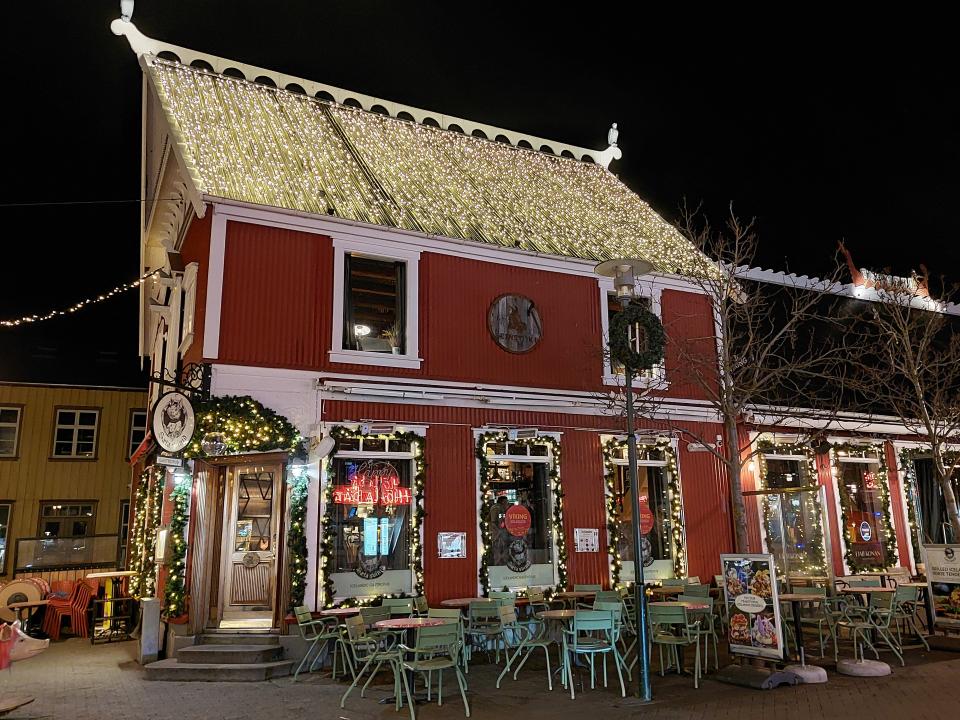 A gastropub in Reykjavik, bedecked in golden fairy lights