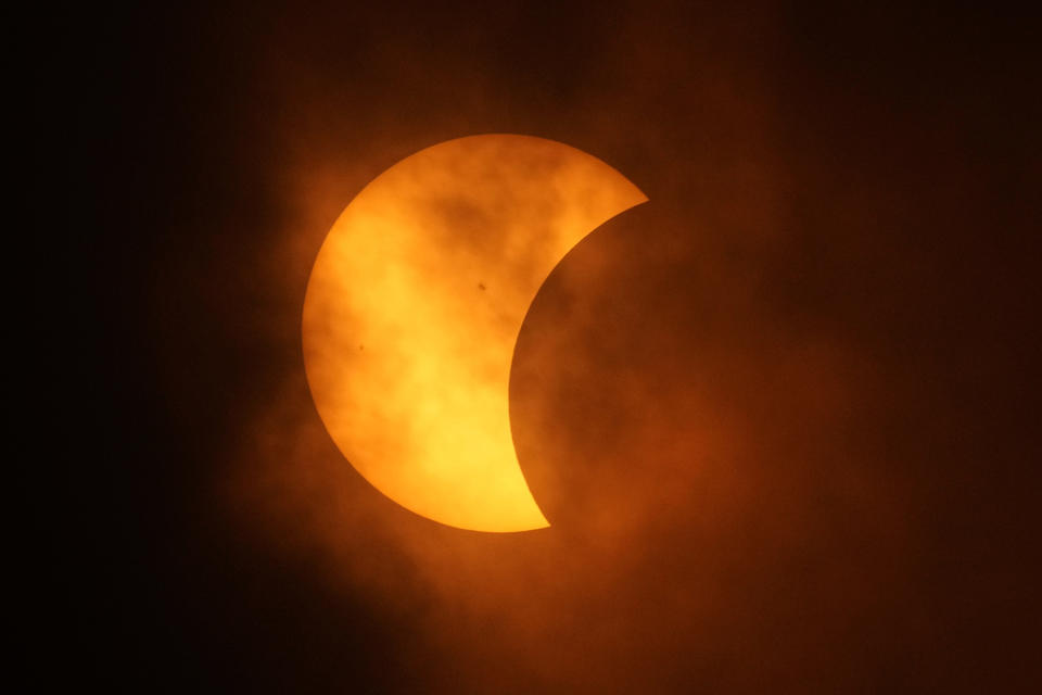 The moon partially covers the sun during a total solar eclipse, as seen from Eagle Pass, Texas, Monday, April 8, 2024. (AP Photo/Eric Gay)