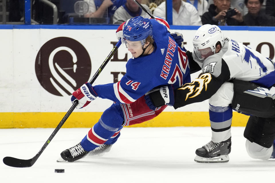 New York Rangers right wing Vitali Kravtsov (74) skates past Tampa Bay Lightning defenseman Victor Hedman (77) during the first period of an NHL hockey game Thursday, Dec. 29, 2022, in Tampa, Fla. (AP Photo/Chris O'Meara)