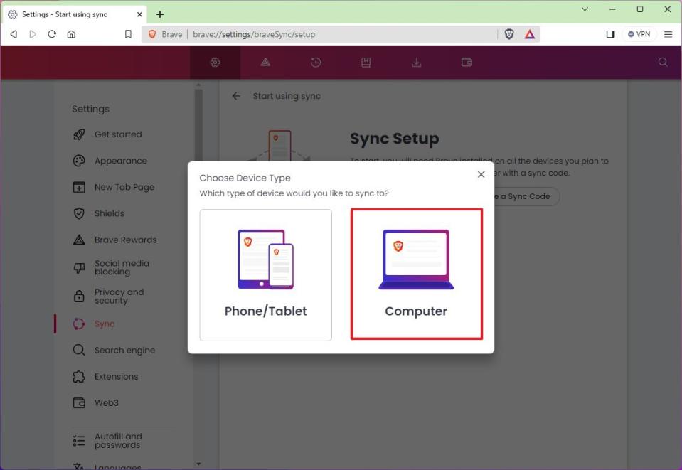 Brave sync setup