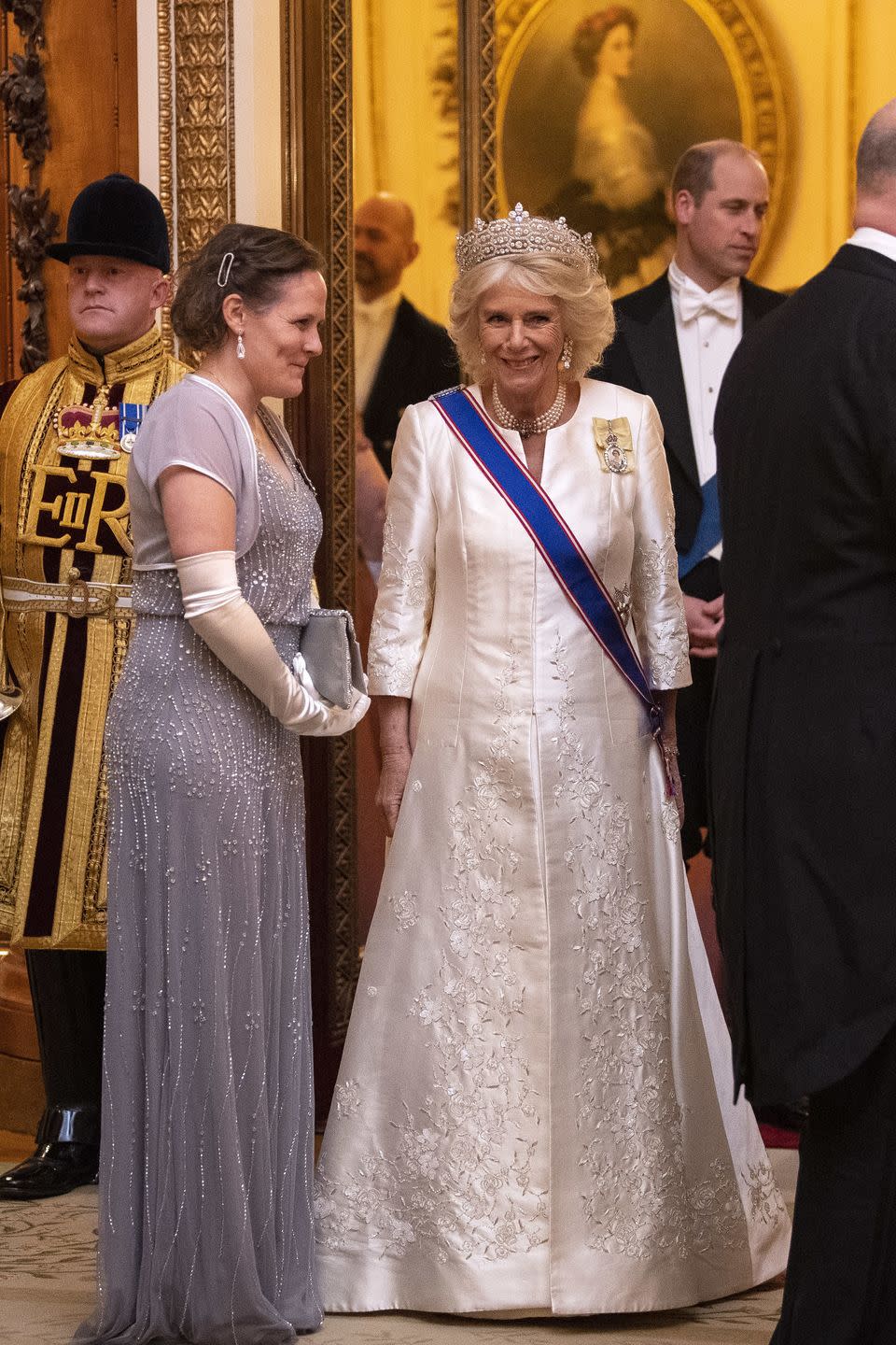 <p>Camilla dressed up at Buckingham Palace for an evening reception for members of the Diplomatic Corps. She chose an ivory gown and her famed Greville tiara. </p>