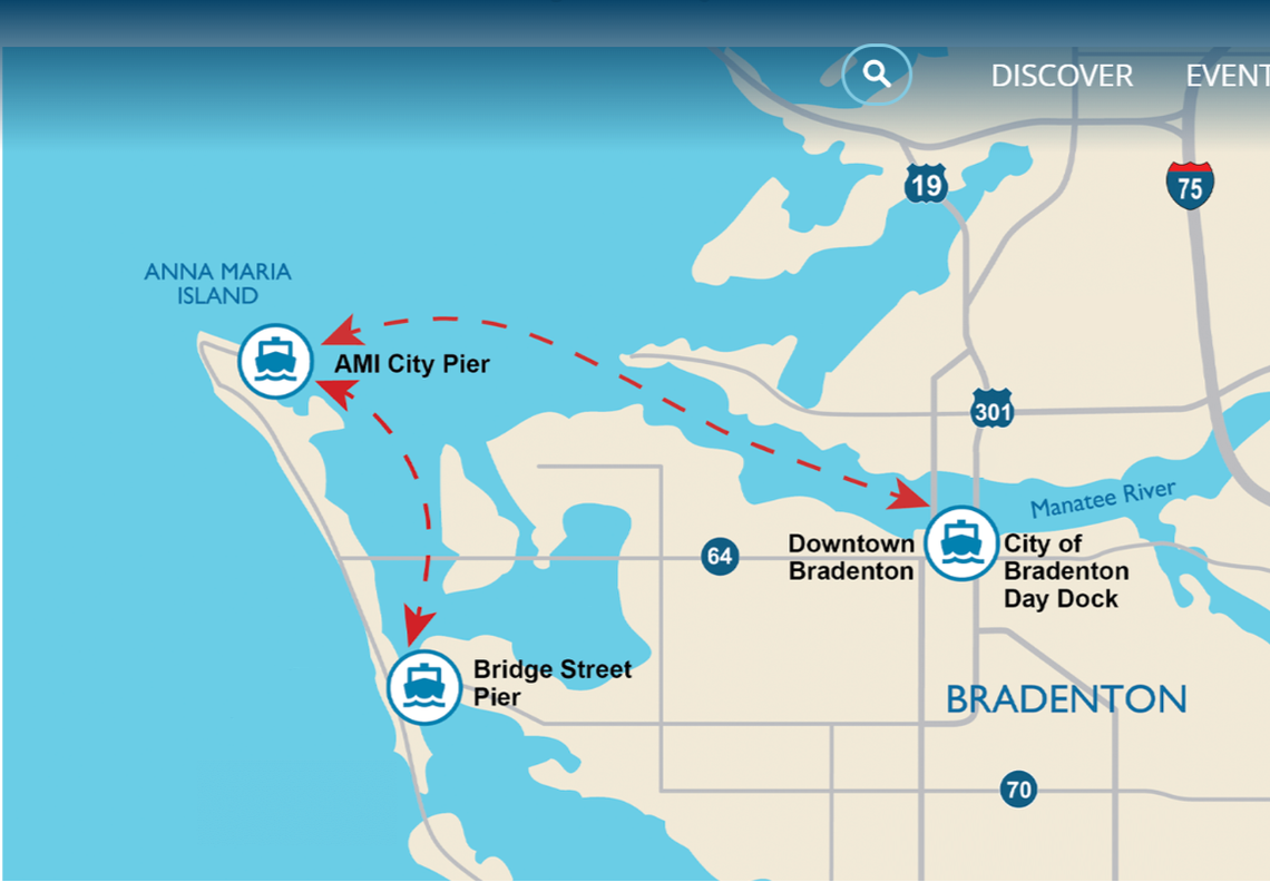 A Manatee County map shows where water taxi service is now offered between the Bradenton Riverwalk and Anna Maria Island.