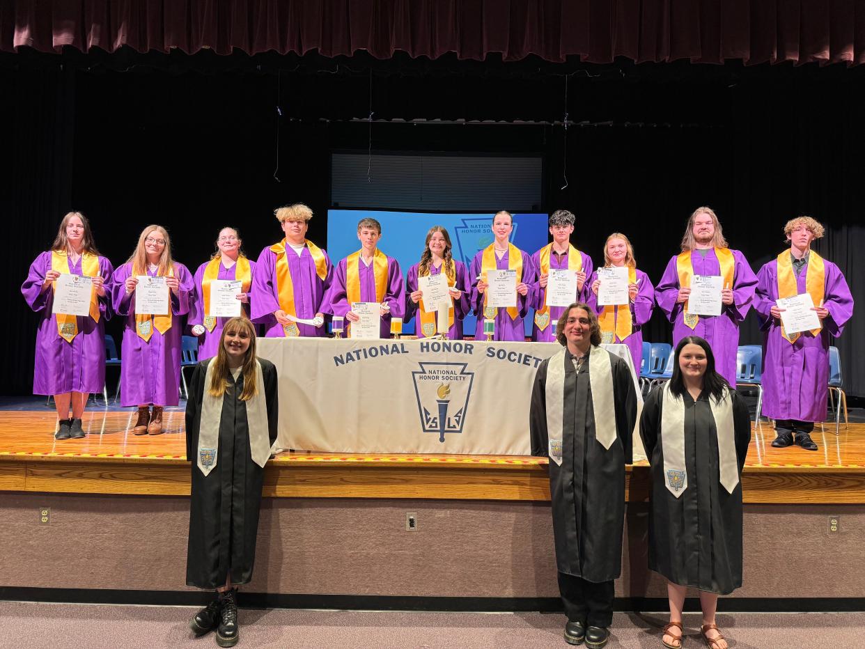 Sebring McKinley National Honor Society inducted 11 students during a ceremony March 11, 2024, at the the school. New members, in the back row from left, are Kiera Weekly, Abagail Stuller, Katelyn Leeland, Michael Moyer, Dustin Harvey, Allison Hoschar, Myla Thomas, Austin Sonntog, Isabella Threet, Robert Helmick and Angelo Vecchio. The current, senior NHS members who took part in the ceremony were, from left, Blake Thomas, Johnathan Billingsley and Emma Seevers.