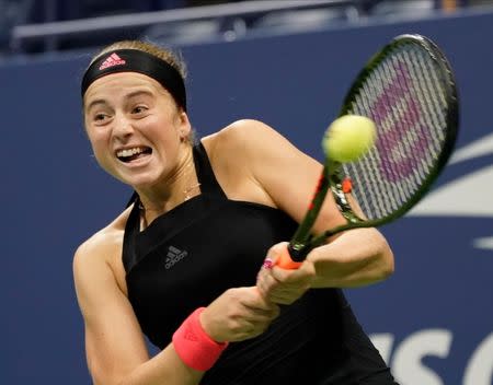 Sept 1, 2018; New York, NY, USA; Jelena Ostapenko of Latvia hits to Maria Sharapova of Russia in a third round match on day six of the 2018 U.S. Open tennis tournament at USTA Billie Jean King National Tennis Center. Mandatory Credit: Robert Deutsch-USA TODAY Sports