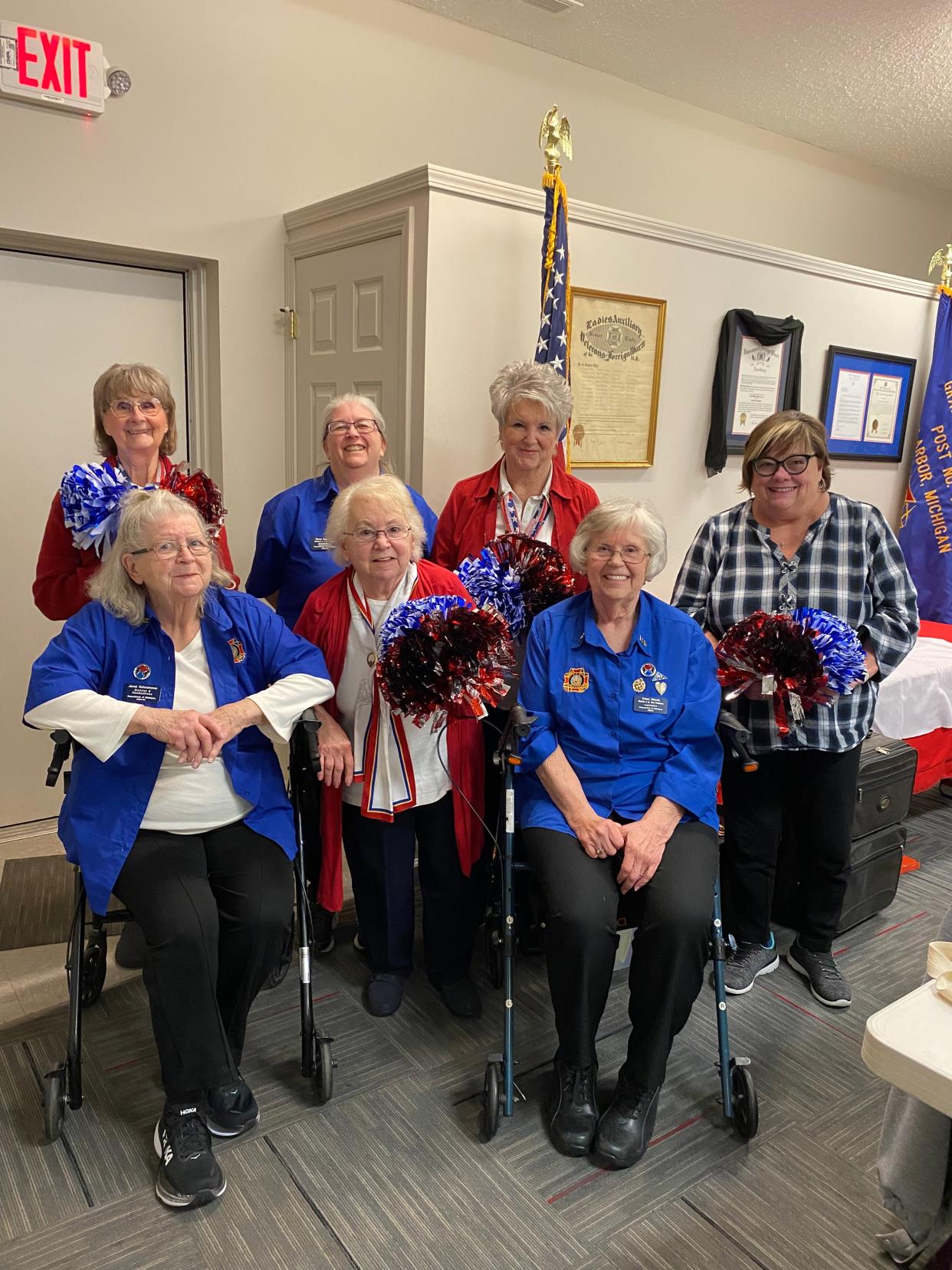 Attending an April 13 ceremony to install officers for District 6 of the Michigan VFW Auxiliary were members of the Auxiliary to Erie Post 3925, VFW (front row, from left): Janet Schoonover, Dori Rollins and Dawn Shock, who was installed as president of District 6; (back row, from left): Sharon Grodi, Rose Sancrant, Kathy Judy and Marji Terry.