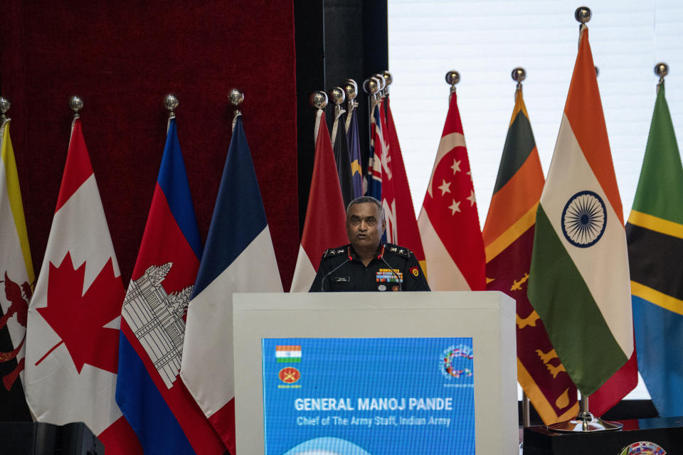 Indian Army chief Gen. Manoj Pande speaks at the opening ceremony of 13th Indo-Pacific Armies Chiefs Conference and 47th Indo-Pacific Armies Management Seminar in New Delhi, India, Tuesday, Sept. 26, 2023. (AP Photo/Altaf Qadri)