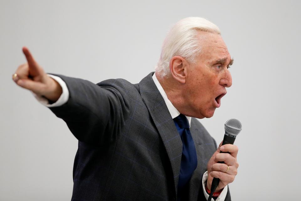 Roger Stone speaks during a rally for U.S. Senate candidate Jackson Lahmeyer in Oklahoma City, Friday, March 4, 2022.