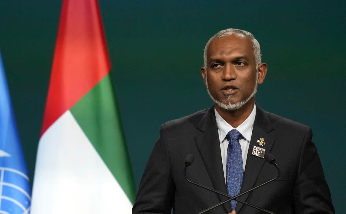 File. Maldives president Mohamed Muizzu speaks during a plenary session at the COP28 UN Climate Summit, Friday, 1 December 2023, in Dubai, United Arab Emirates (Associated Press)