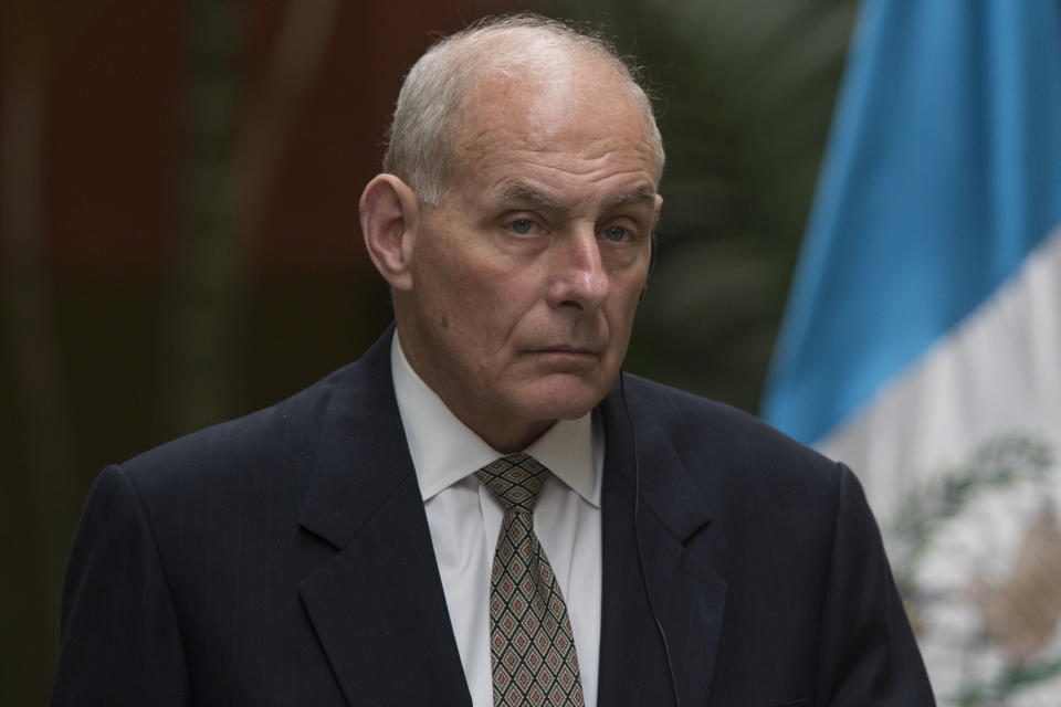 FILE - In this Feb. 22, 2017 file photo, Homeland Security Secretary John Kelly attends a news conference in Guatemala City. In a White House with multiple competing power centers, Kelly, Defense Secretary Jim Mattis and Joint Chiefs Chairman Joseph Dunford are emerging as a new force to be reckoned with. All three are have standing invitations to Trump's working dinners and were influential voices in Trump's decision-making process for a new national security adviser. (AP Photo/Luis Soto, File)