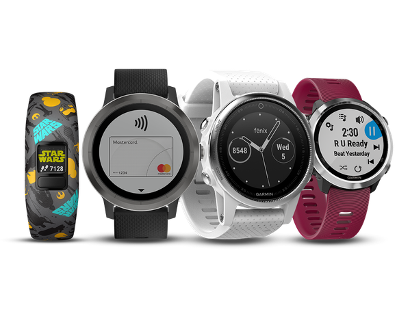 Four Garmin-branded smartwatches and fitness bands.