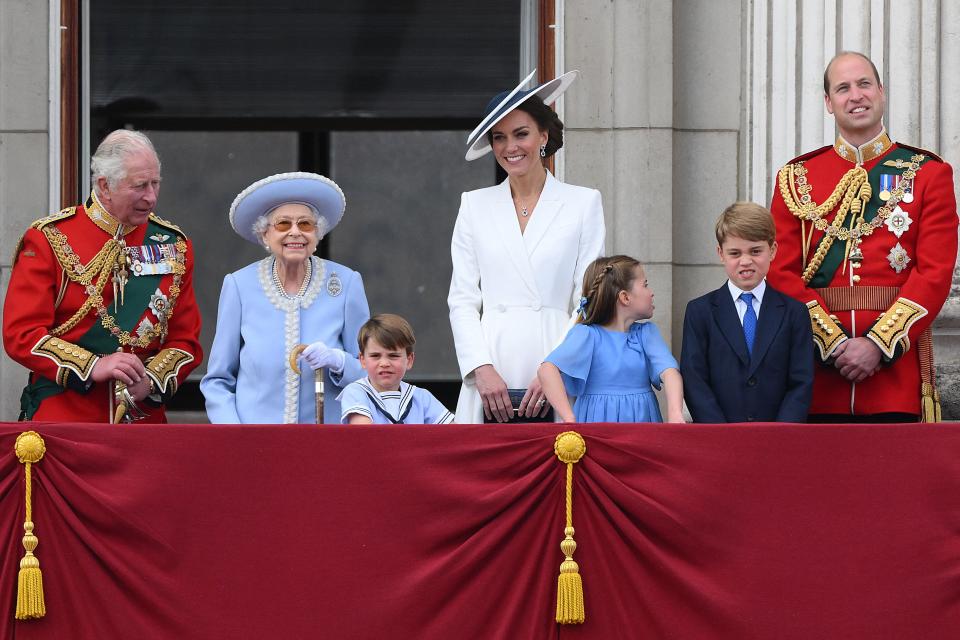 Prince Charles, the Queen, Kate Middleton, Prince William and his children on the balcony at Buckingham Palace.