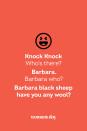 <p><strong>Knock Knock</strong></p><p><em>Who’s there? </em></p><p><strong>Barbara.</strong></p><p><em>Barbara who?</em></p><p><strong>Barbara black sleep have you any wool.</strong></p>