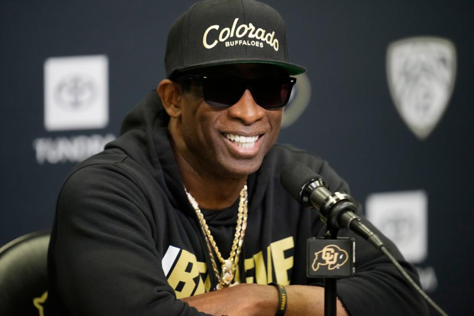 Colorado head coach Deion Sanders responds to questions during a news conference after the team's NCAA college football practice at the university Friday, Aug. 4, 2023, in Boulder, Colo.