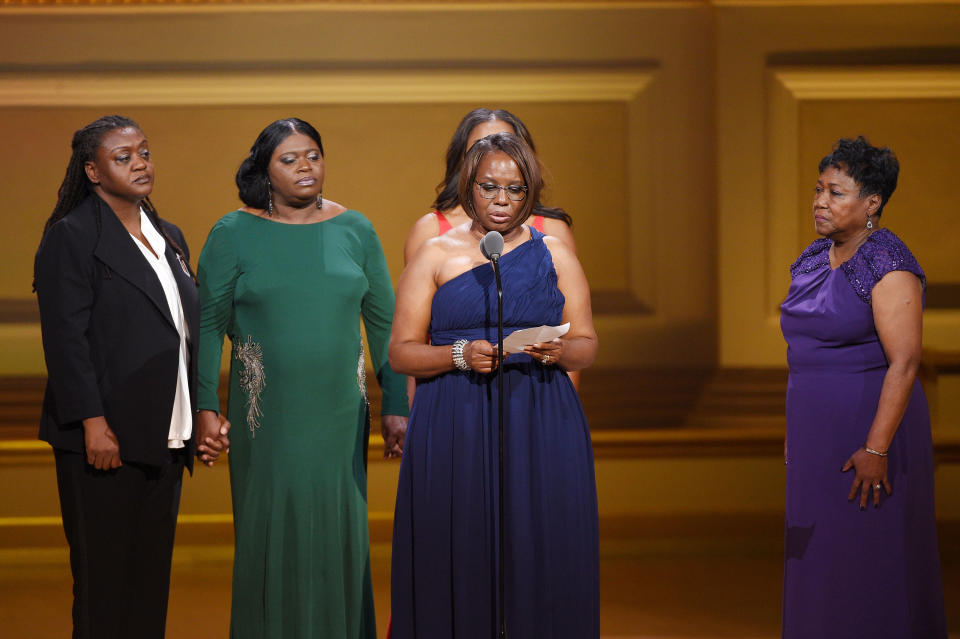 NEW YORK, NY - NOVEMBER 09:  (L-R) Bethane Middleton-Brown, Nadine Collier, Alana Simmons, Felicia Sanders, and Polly Sheppard speak onstage at the 2015 Glamour Women of the Year Awards on November 9, 2015 in New York City.  (Photo by Larry Busacca/Getty Images for Glamour)