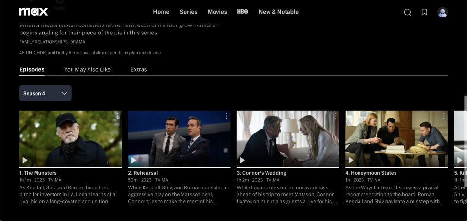 “Succession” Season 4, now on Max’s interface.