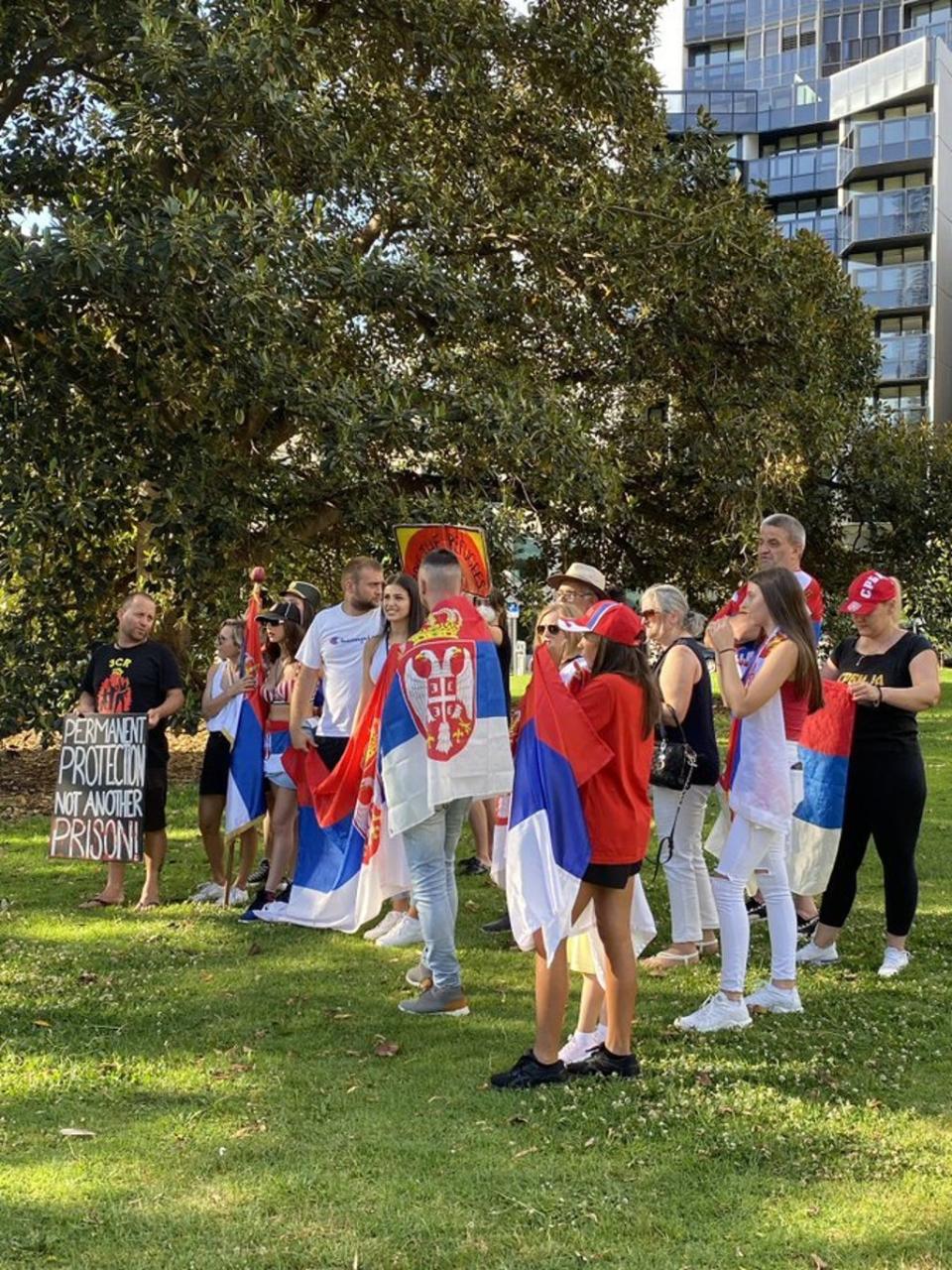 Supporters of Novak Djokovic gathered outside The Park Hotel in Melbourne (@najsambul/PA) (PA Media)