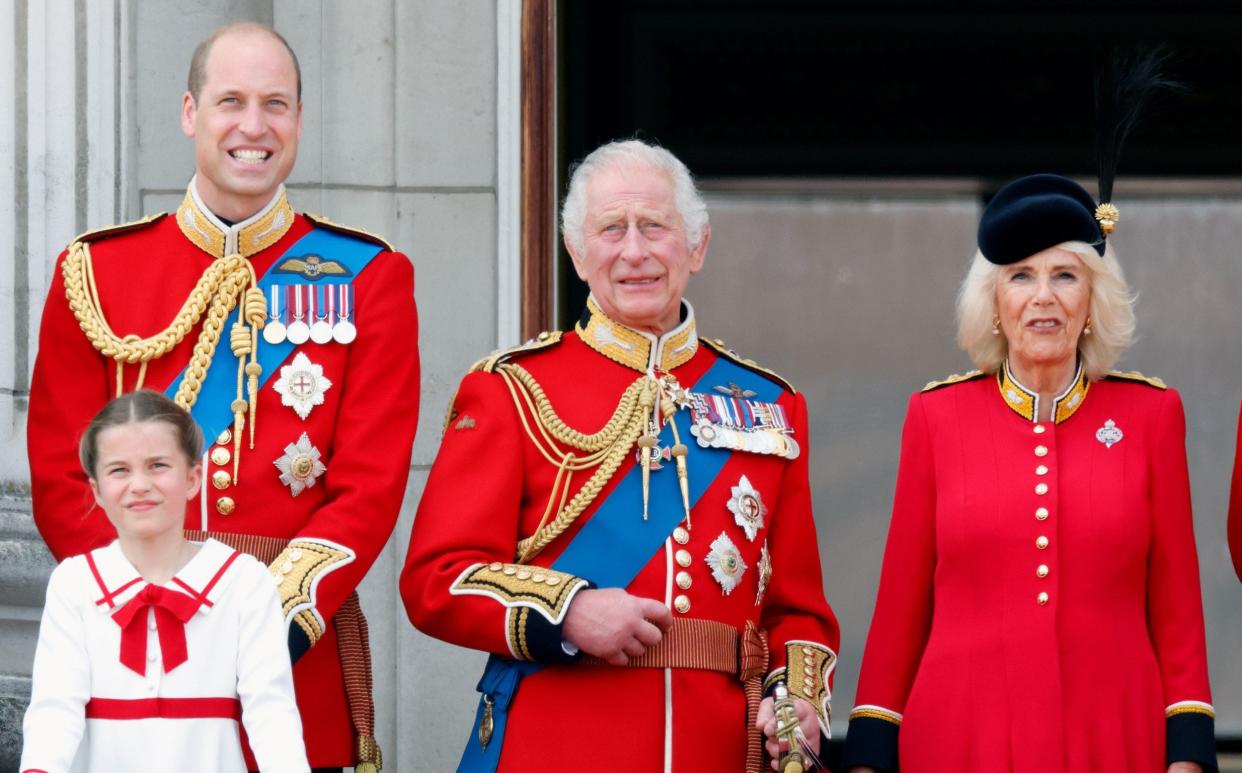 During Trooping the Colour the Royal family gathers en masse on the balcony of Buckingham Palace for an RAF flypast