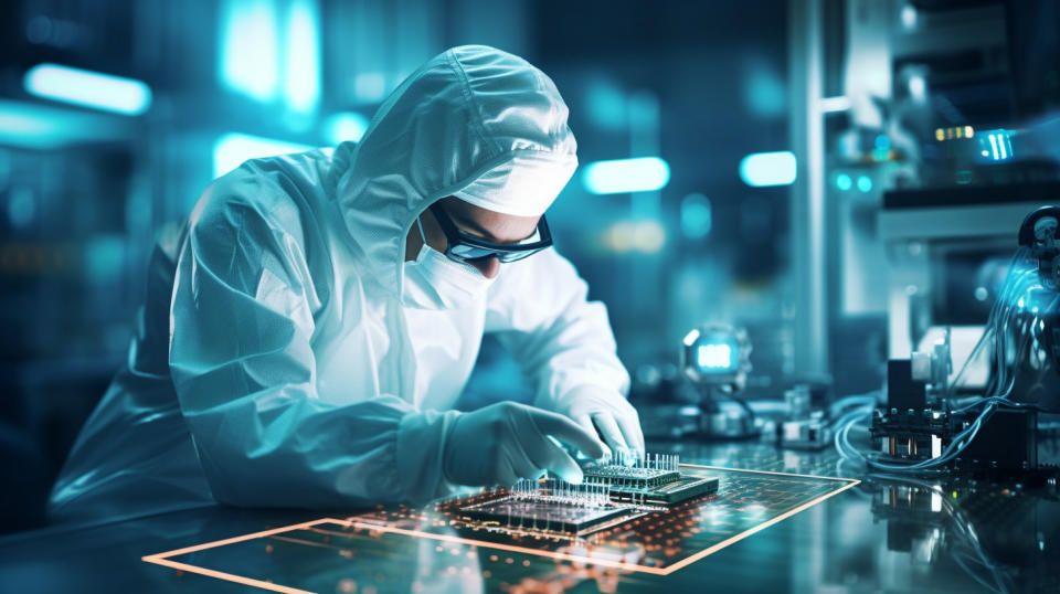 An engineer in a lab coat tweaking a circuit board with intricate semiconductors.