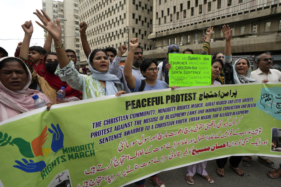 Members from Pakistan's minority community and civil society chant slogans during a demonstration against the conviction of a Christian man on charges of blasphemy and condemn the country's blasphemy laws, Tuesday, July 2, 2024. A court had awarded a death sentence to Ehsan Shan after finding him guilty of sharing "hateful content against Muslims on social media after one of the worst mob attacks on Christians in the eastern Punjab province last year. (AP Photo/Fareed Khan)