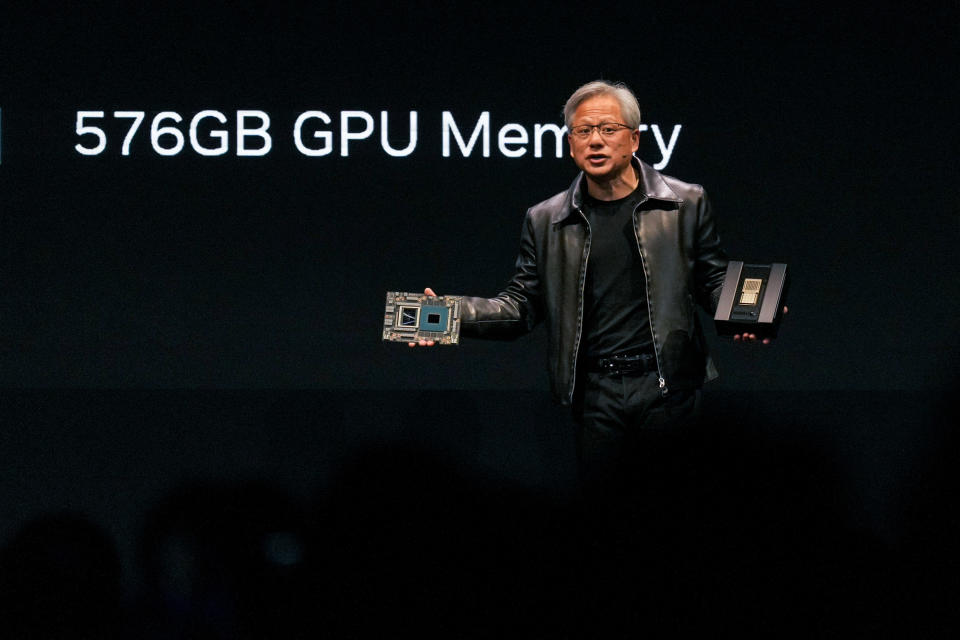 TAIPEI, TAIWAN - 2023/05/29: Nvidia president and CEO Jensen Huang speaks at a keynote presentation while holding the Grace Hopper superchip at COMPUTEX. The COMPUTEX 2023 runs from 30 May to 02 June 2023 and gathers over 1,000 exhibitors from 26 different countries with 3000 booths to display their latest products and to sign orders with foreign buyers. (Photo by Walid Berrazeg/SOPA Images/LightRocket via Getty Images)
