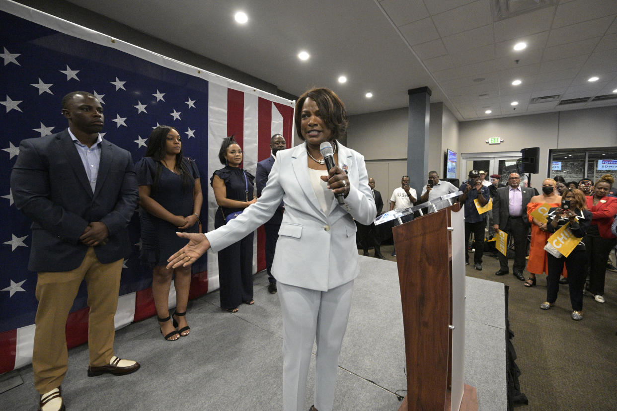 FILE: U.S. Rep. Val Demings, D-Fla., center, the Democratic candidate for the U.S. Senate, addresses supporters as her family members stand behind her during a primary election party on Tuesday, Aug. 23, 2022, in Orlando, Fla. / Credit: Phelan M. Ebenhack / AP