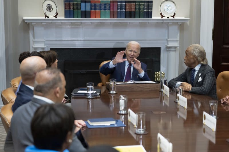 President Joe Biden meets with organizers of the 60th anniversary of the March on Washington and members of Dr. Martin Luther King, Jr.'s family Monday at the White House in Washington, D.C., where he said "we can not let hate prevail." Photo by Chris Kleponis / UPI