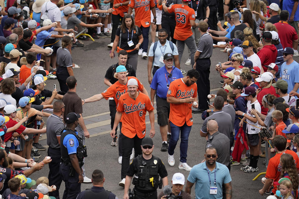 The Baltimore Orioles arrive at the Little League World Series in South Williamsport, Pa., Sunday, Aug. 21, 2022. The Orioles will face the Boston Red Sox in the Little League Classic on Sunday Night Baseball from Williamsport, Pa. (AP Photo/Gene J. Puskar)