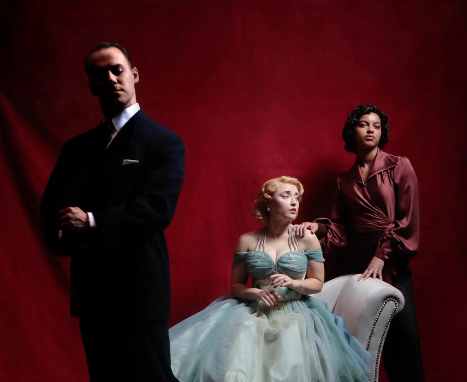 From left, Tony Carter, Brooke Turner and Zia Lawrence star in an updated version of the classic thriller “Dial M for Murder” at Asolo Repertory Theatre.