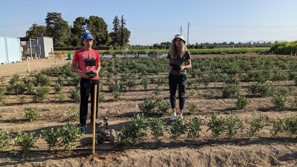 two teens stand in a field of small crops holding controllers beside a small rover