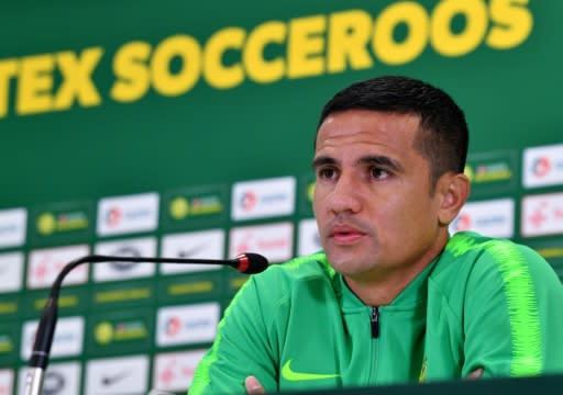 Australia forward Tim Cahill speaks to the press at the team's training base in Kazan, Russia