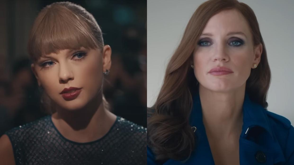  Taylor Swift music video and Jessica Chastain in Molly's Game. 