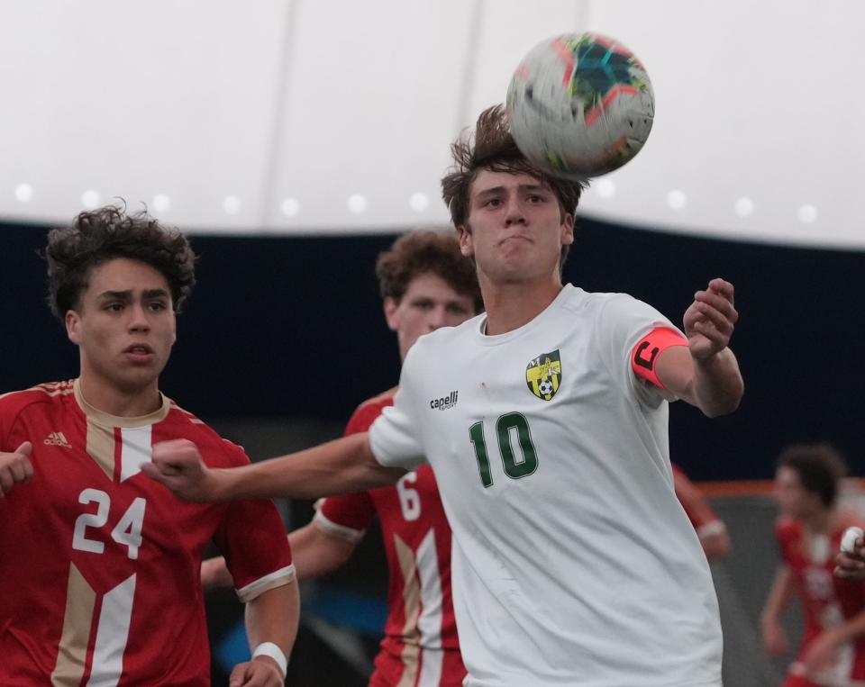 Mt. Olive, NJ September 27, 2023 — Giacomo Zizza of Morris Knolls in the first half as Mt. Olive held on to top Morris Knolls 3-2 in NJAC-National boys soccer played at the Marauder Dome in Mt. Olive on September 27, 2023.