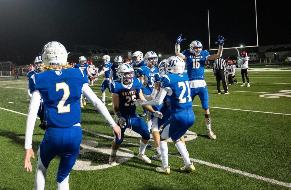 Ripon Christian celebrates its 28-16 victory over Woodland Christian in the Sac-Joaquin Section Division VII championship game at St. Mary’s High School in Stockton, Calif., Friday, Nov. 25, 2022.