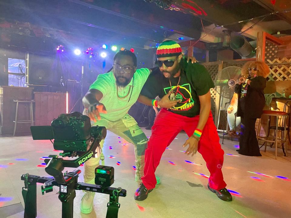 (L-R) Athens musicians Farin and Amun-Ra perform for the camera in a behind the scenes photo from their music video shoot for "Move" at Gresham's Disco Lounge on Apr. 16, 2023 in Athens, Ga.