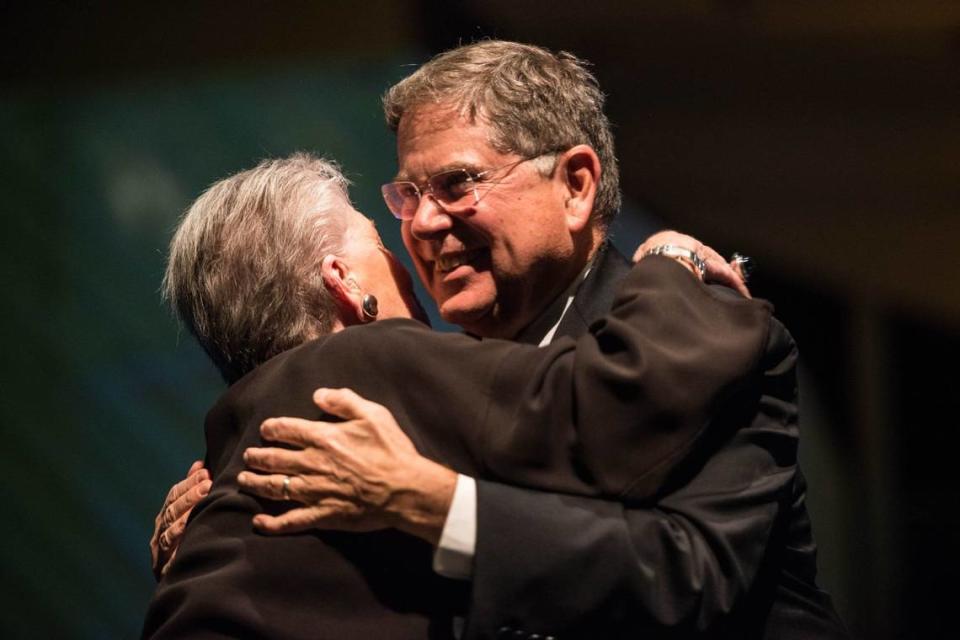 Ruth Shack, a Miami-Dade commissioner in the 1970s, hugs Alberto Ibargüen, president and CEO of the Knight Foundation, after accepting a $50,000 grant for the arts during the seventh annual Knight Arts Challenge at the New World Symphony on Dec. 1, 2014, in Miami Beach, Fla. The South Florida-based initiative brings innovative and artistic ideas from local community organizations and individuals and provided 47 winners with a total of $2.29 million in grants at the event. Max Reed/Miami Herald file