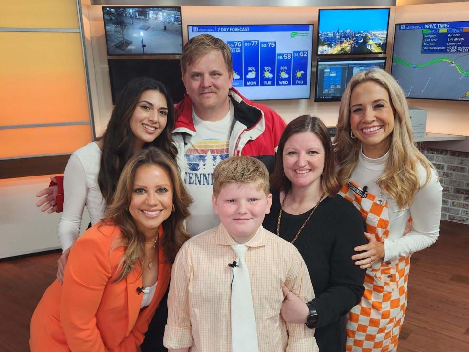 Lennon Kennedy with the WBIR Channel 10 morning news team March 29, 2024. From left: Abby Ham, Raya Quttaineh, Jimmy Kennedy, Lennon Kennedy, Alishia Kennedy, and Rebecca Sweet.