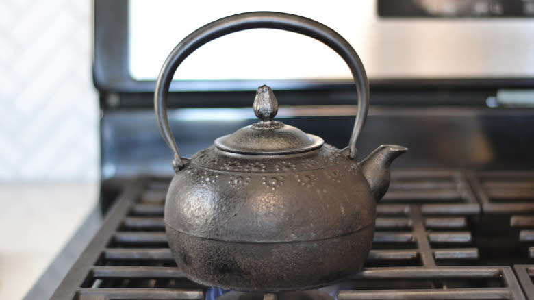 metal tea kettle on stove