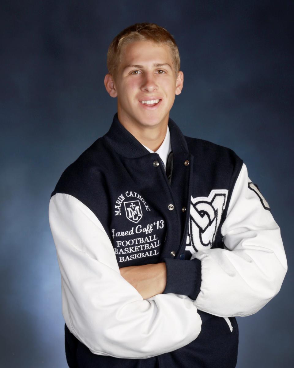 Jared Goff poses with his lettermen jacket at Marin Catholic High School.