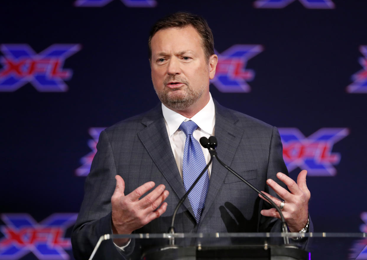 Bob Stoops makes comments after being introduced as the new head coach and general manager of the XFL Dallas football team during a news conference in Arlington, Texas, Thursday, Feb. 7, 2019. (AP Photo/Tony Gutierrez)